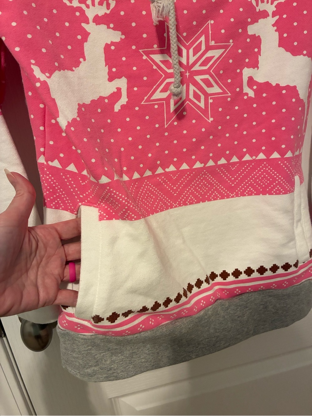 Women's Pink Reindeer Pattern Double Hoodie Sweatshirt - Picture 5 of 8